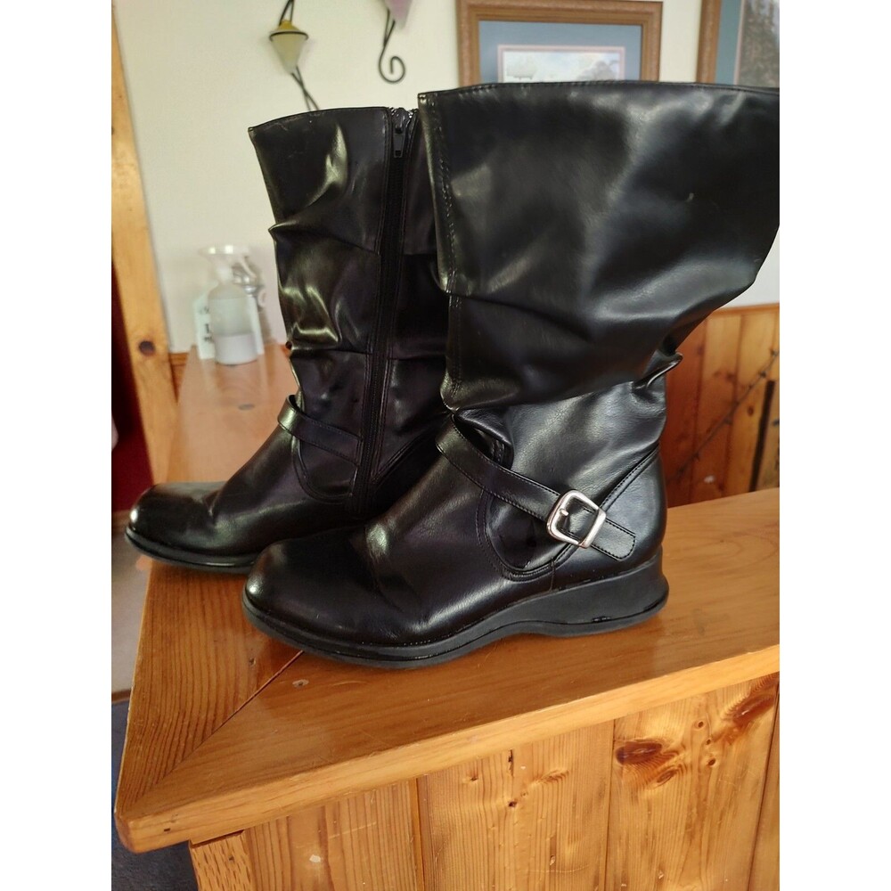 Women's Mid Rise Black Boots Size 6 Slip On Side Zipper Buckle GOOD COND Wedge